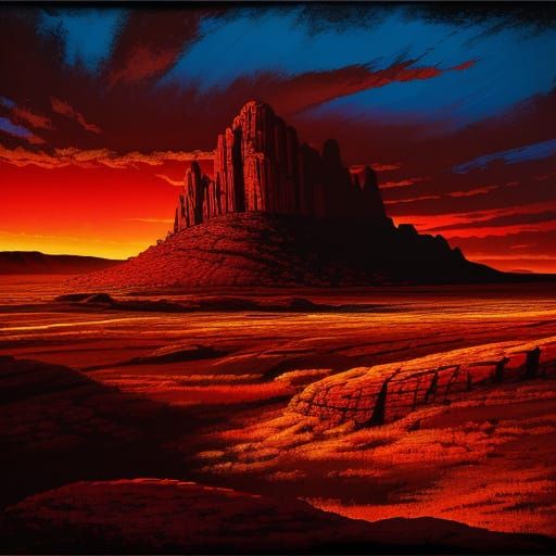 Intense Red Light on a Vibrant Oil Painting Landscape