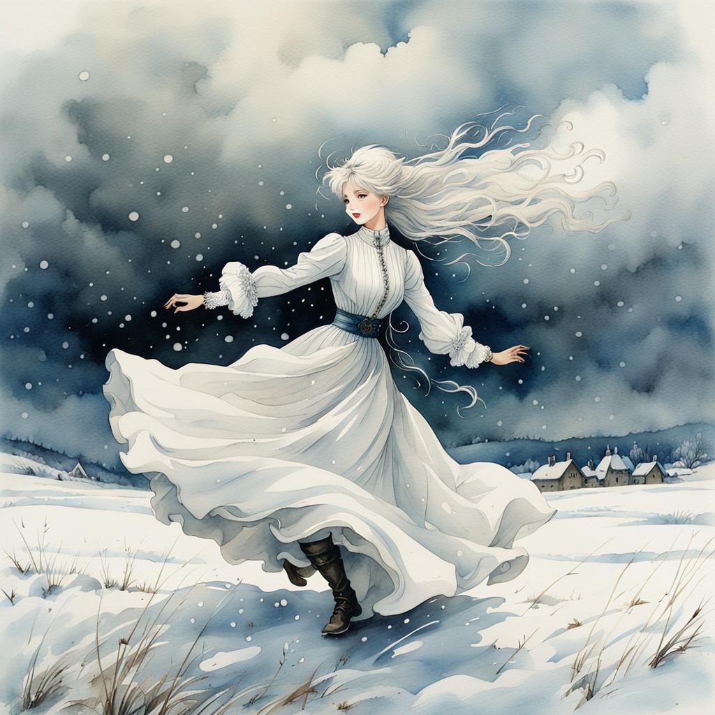 Cheerful Woman Dancing in Snowy Anime Watercolor