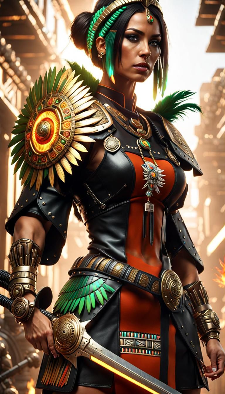 Aztec Warrior Woman in Cyberpunk Servo-Armor