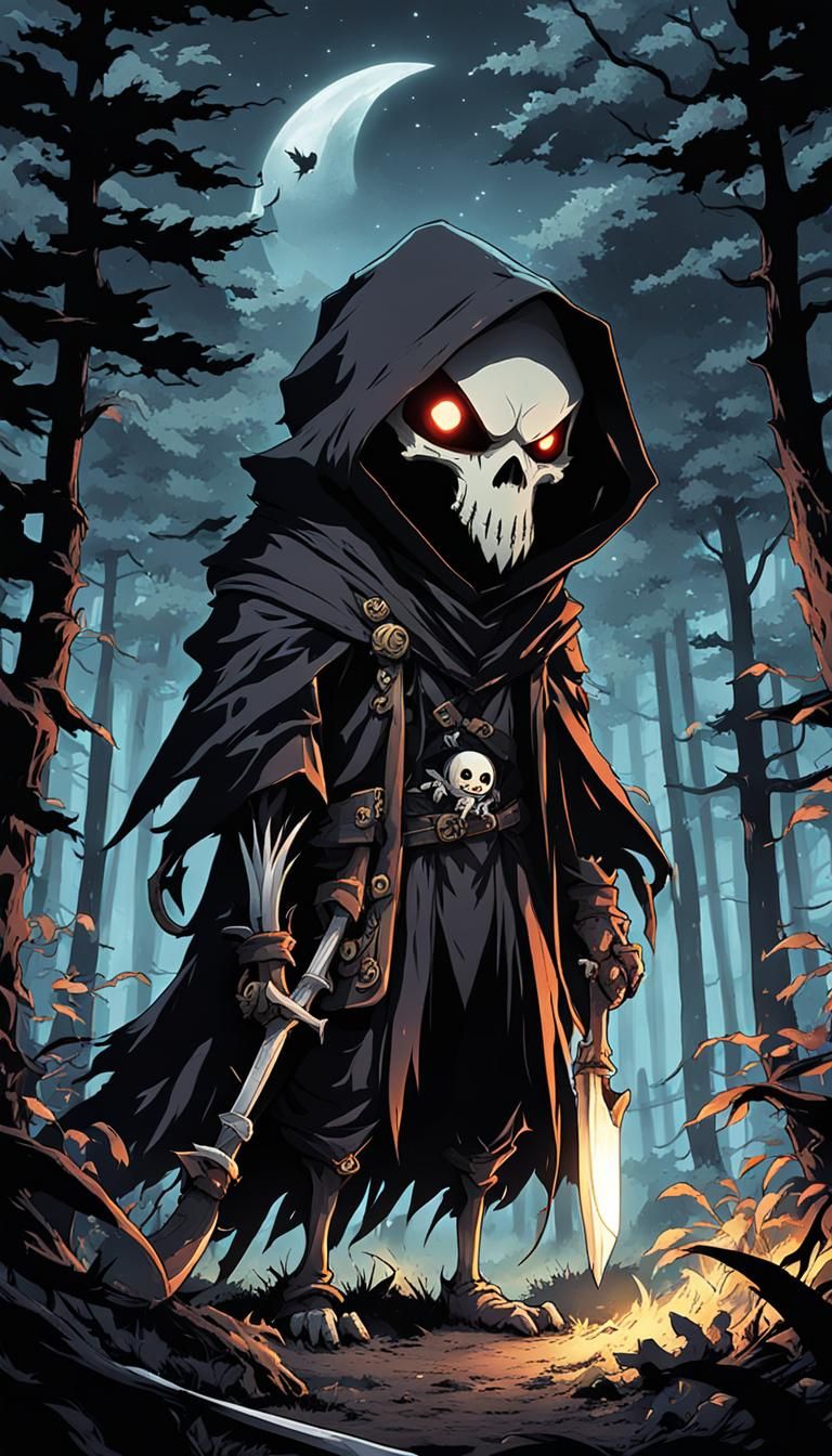 Chibi Werewolf Reaper in Forest, Cartoon Anime Style