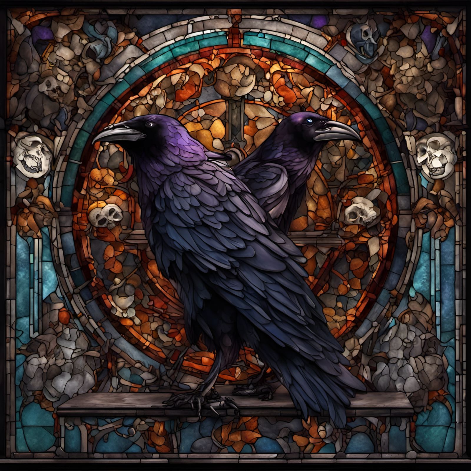 Dark Stained Glass Window with Ravens and Skulls