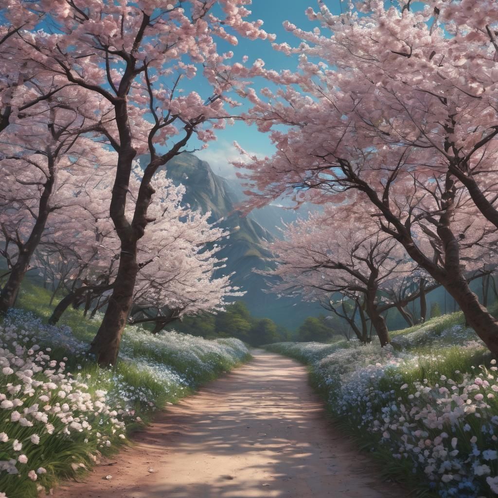 Serene Cherry Blossoms in Full Bloom: Impressionistic Vista