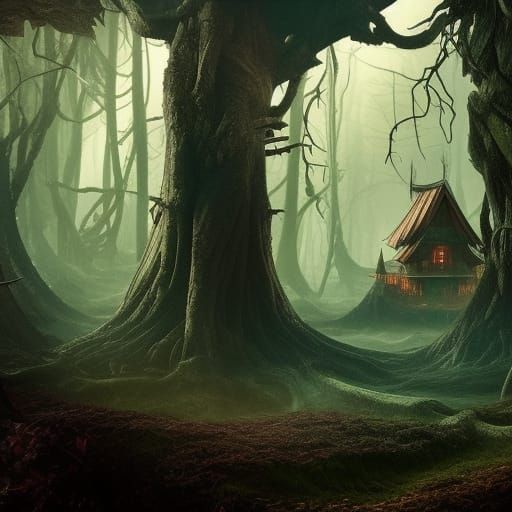 Eerie Forest with Dragon Ghosts and House: 3D Render