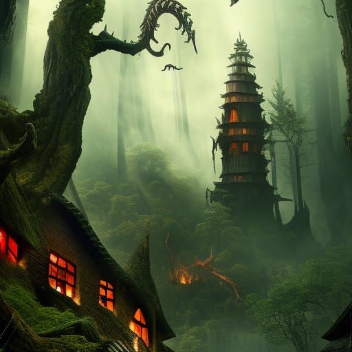 Dark Forest with Dragon Ghosts and House
