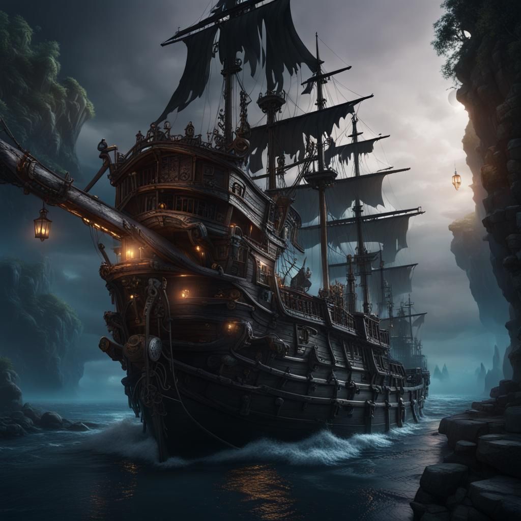 Dark Pirate Ship in Detailed Matte Painting