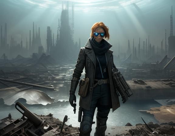 Chaotic evıl srap-punk. Woman wandering among the rubble in ...