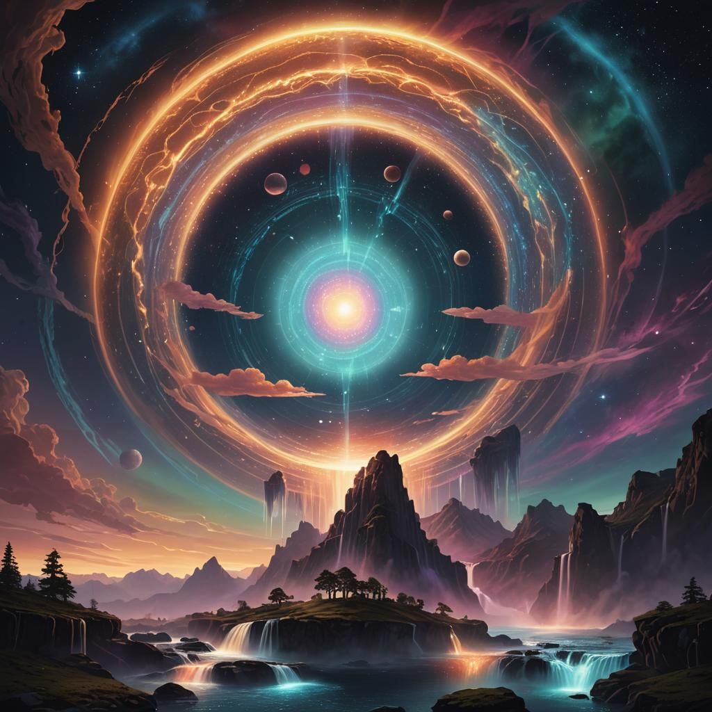 Iridescent Flat Earth Disc in Cosmic Illustration