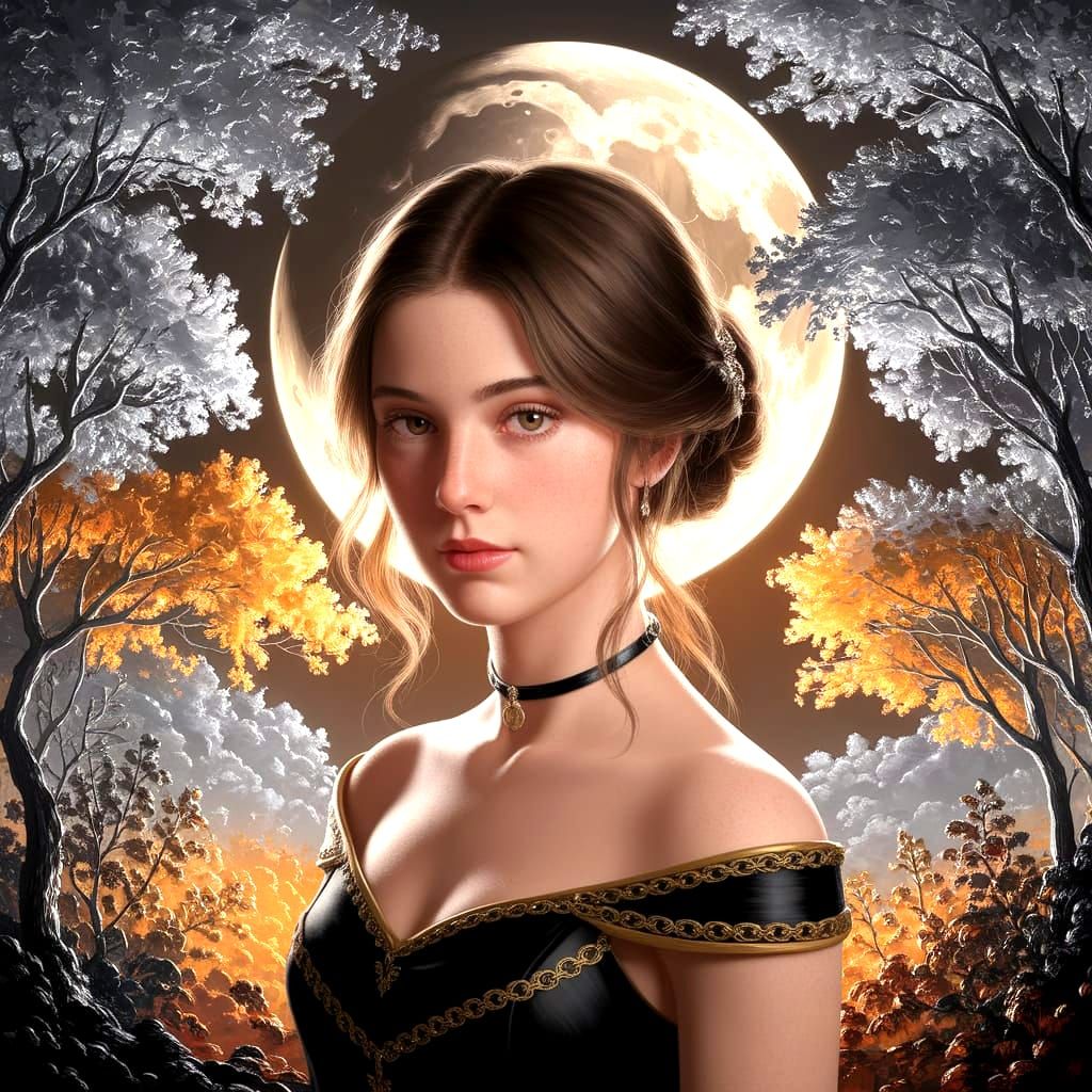 Brunette Woman in Black and Gold Dress as Impasto Painting