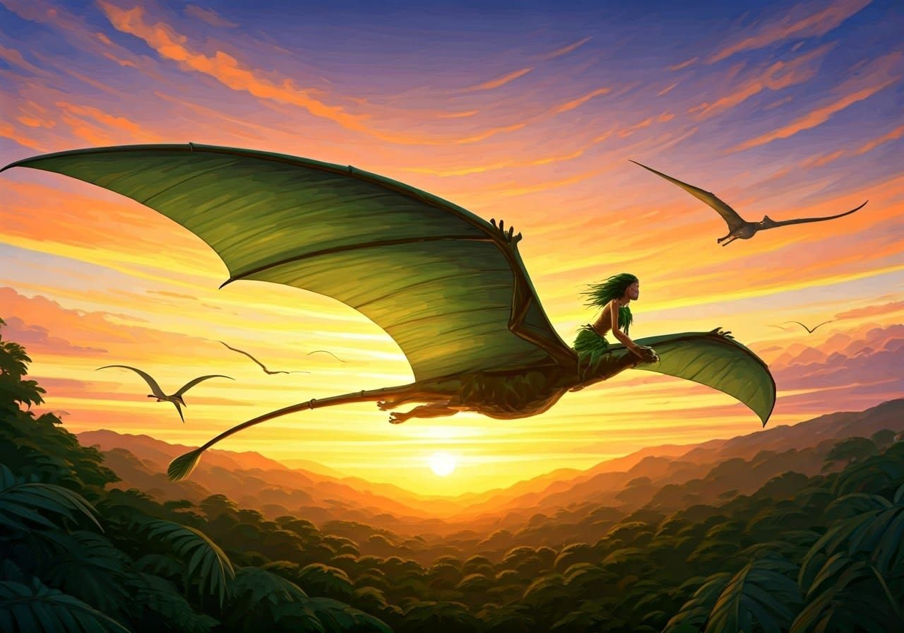 Human Rides Da Vinci's Ornithopter Amidst Flying Pterodactyl...