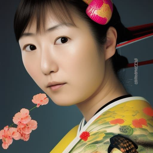 Japanese Girl in Kimono with Turtle Portrait