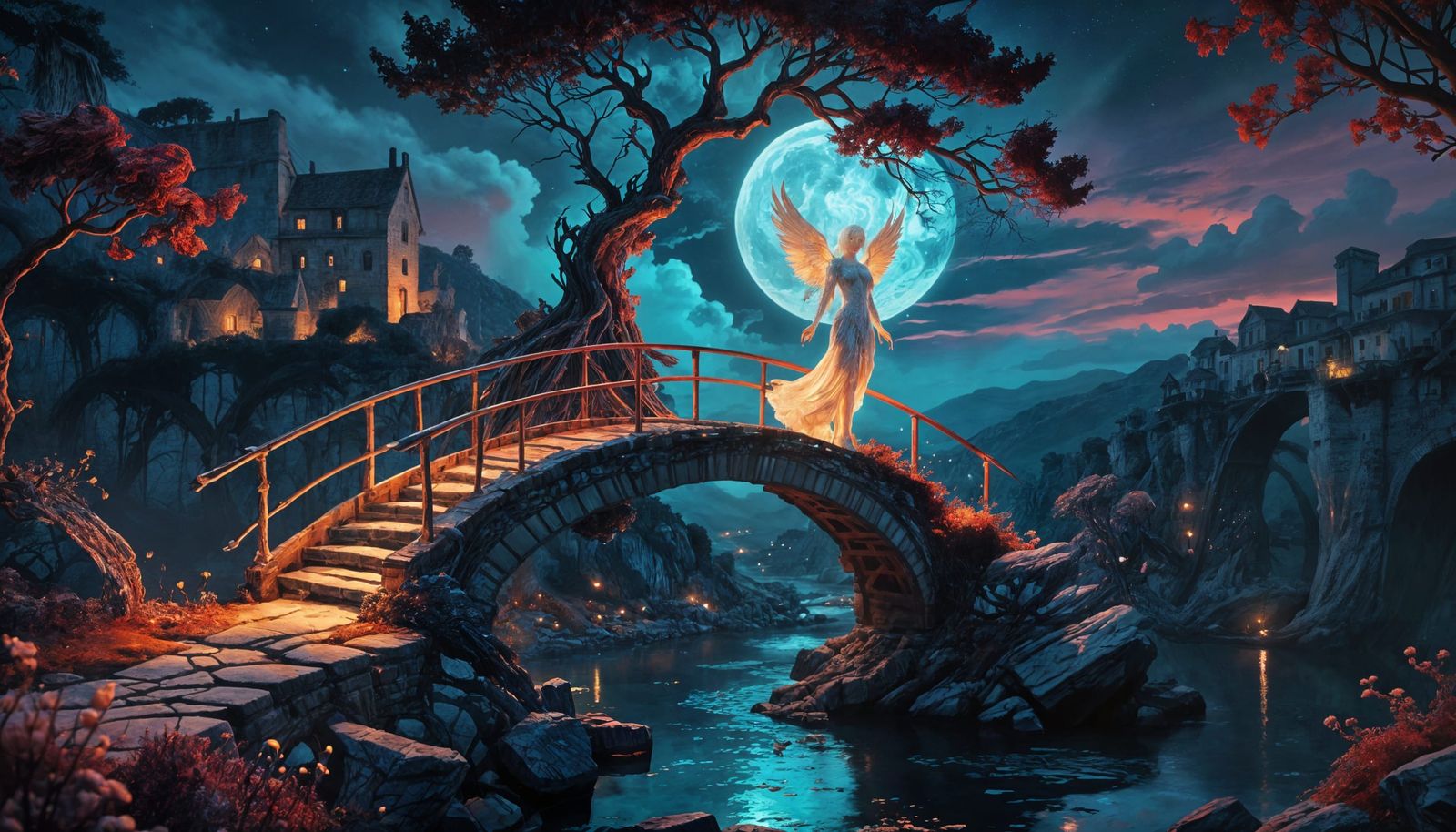 Night Bridge over River, Provence Village, Alcohol Ink Art