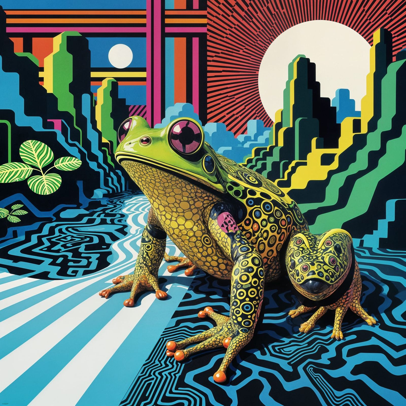 Frog Posing in Geometric Retro-Futuristic Landscape