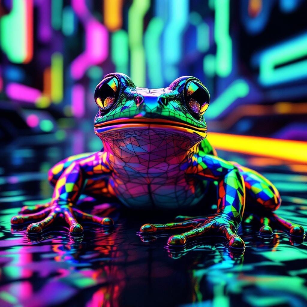 Iridescent Frog in Retro-Futuristic Op Art Style