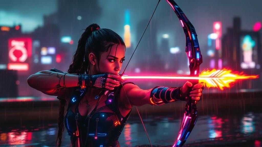 Cyberpunk Archer in Dystopian City, Gauguin and Matisse Styl...