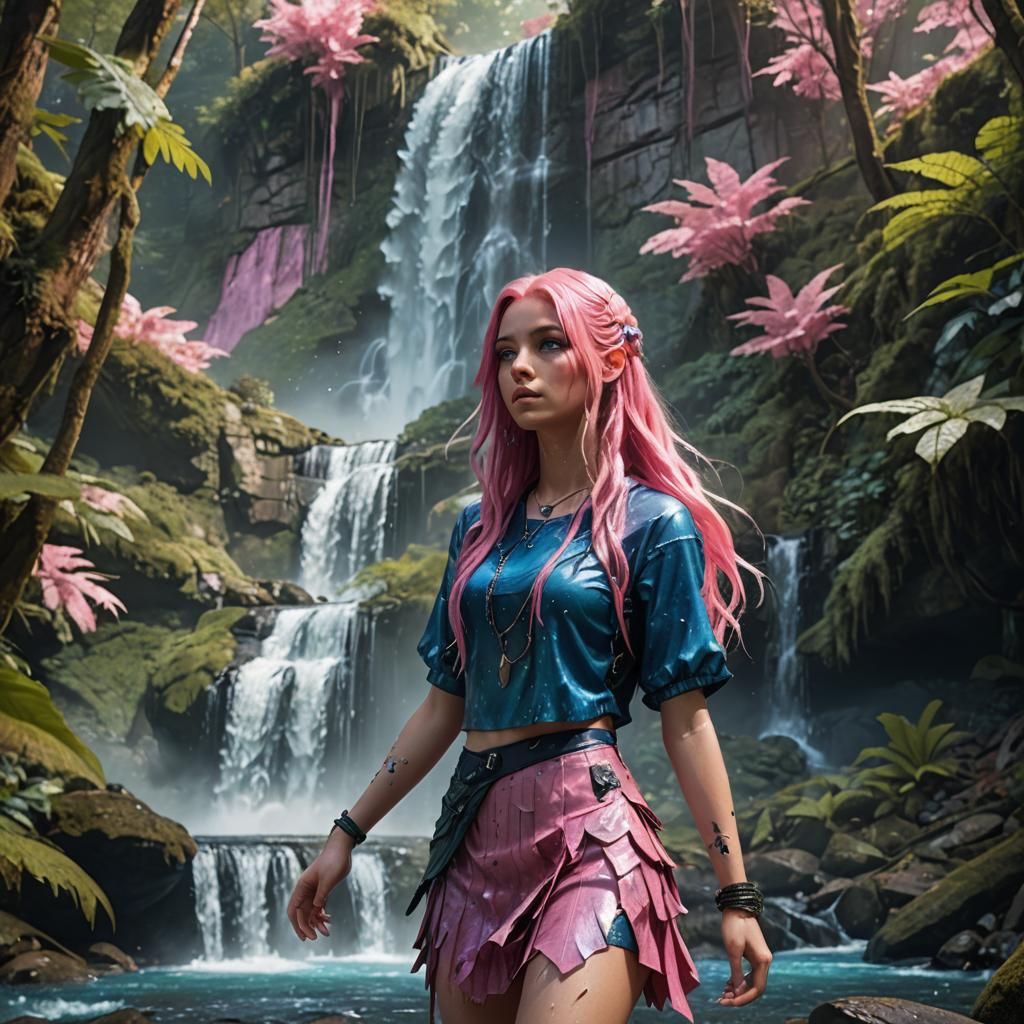 Girl with Pink Hair in Mystical Forest, Digital Art
