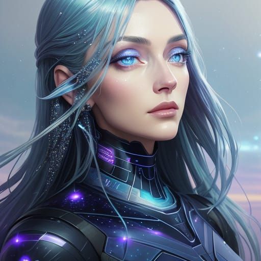 Starry Bright Blue Eyes in Futuristic Digital Portrait Style