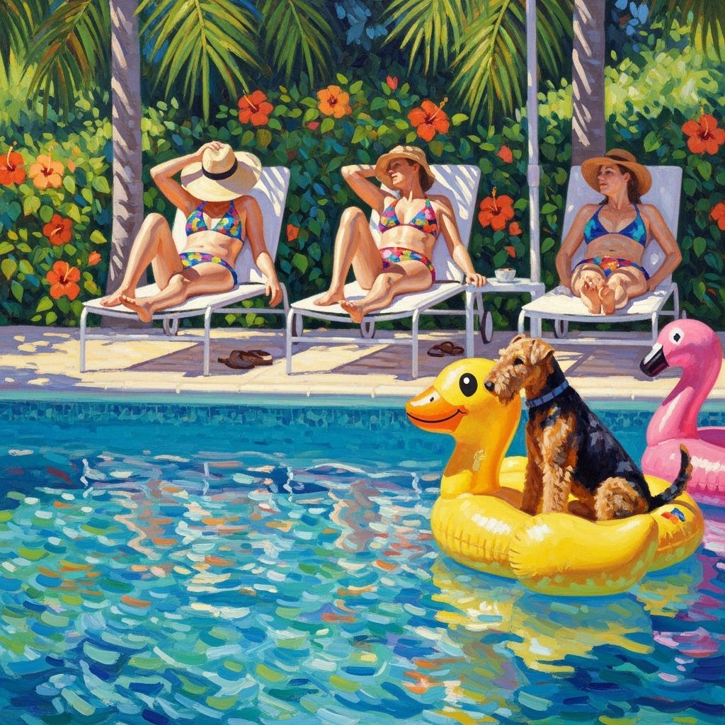 Poolside Scene with Women and Dog as Impressionistic Paintin...