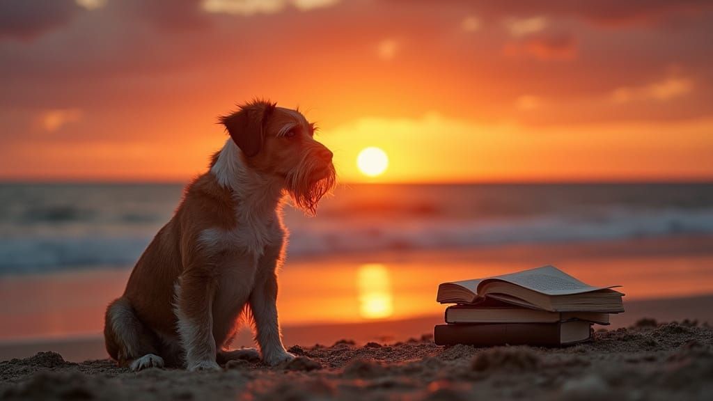 Dog Contemplates Philosophy on a Sunset Beach