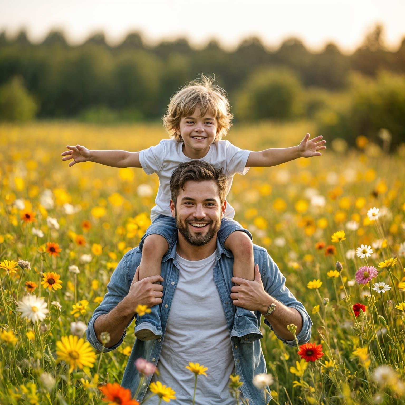 Father and Child Running Through Flower Field