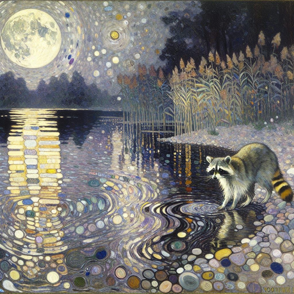 Klimt-Inspired Midnight Creek Scene with Raccoon