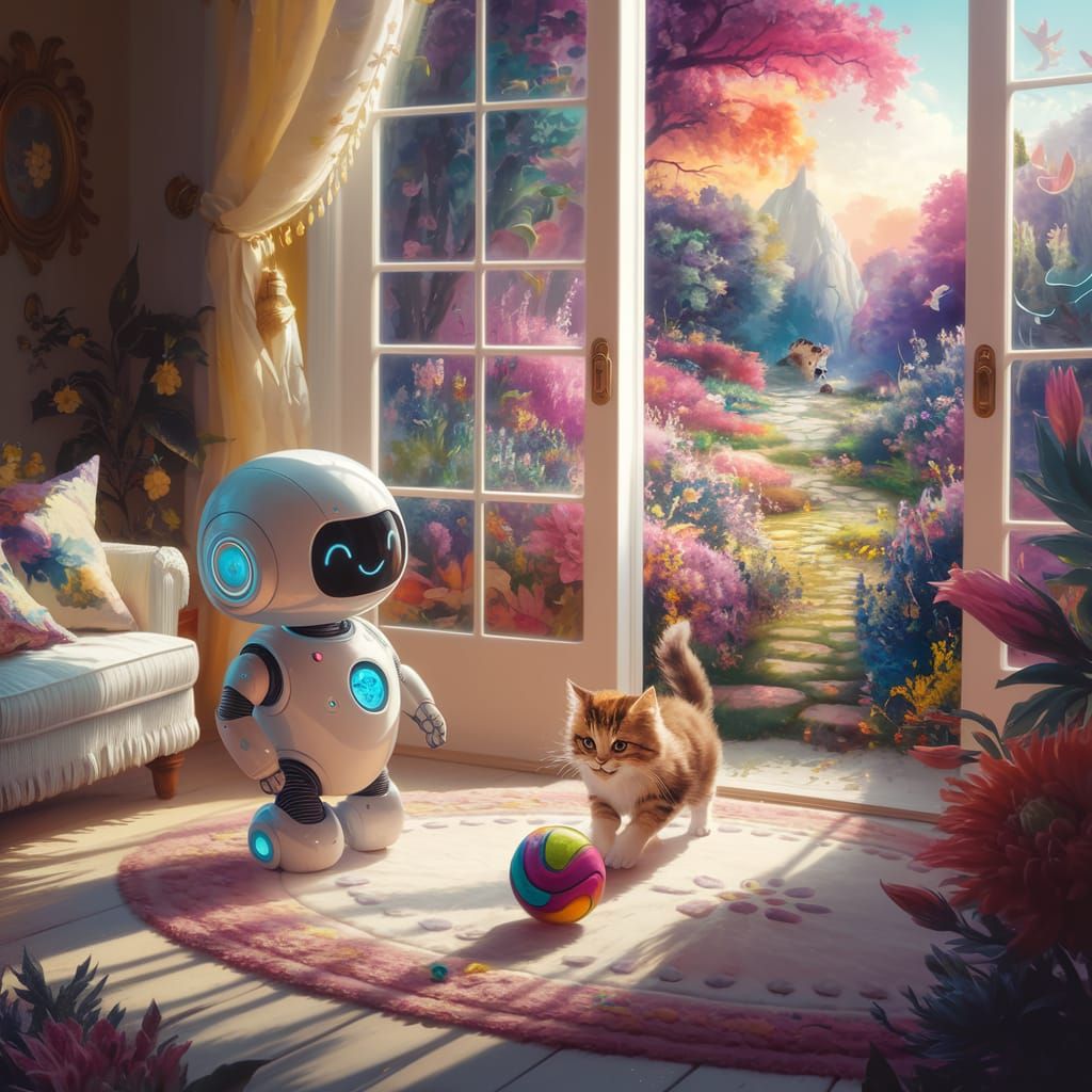Robot and Kitten's Playful Garden Adventure