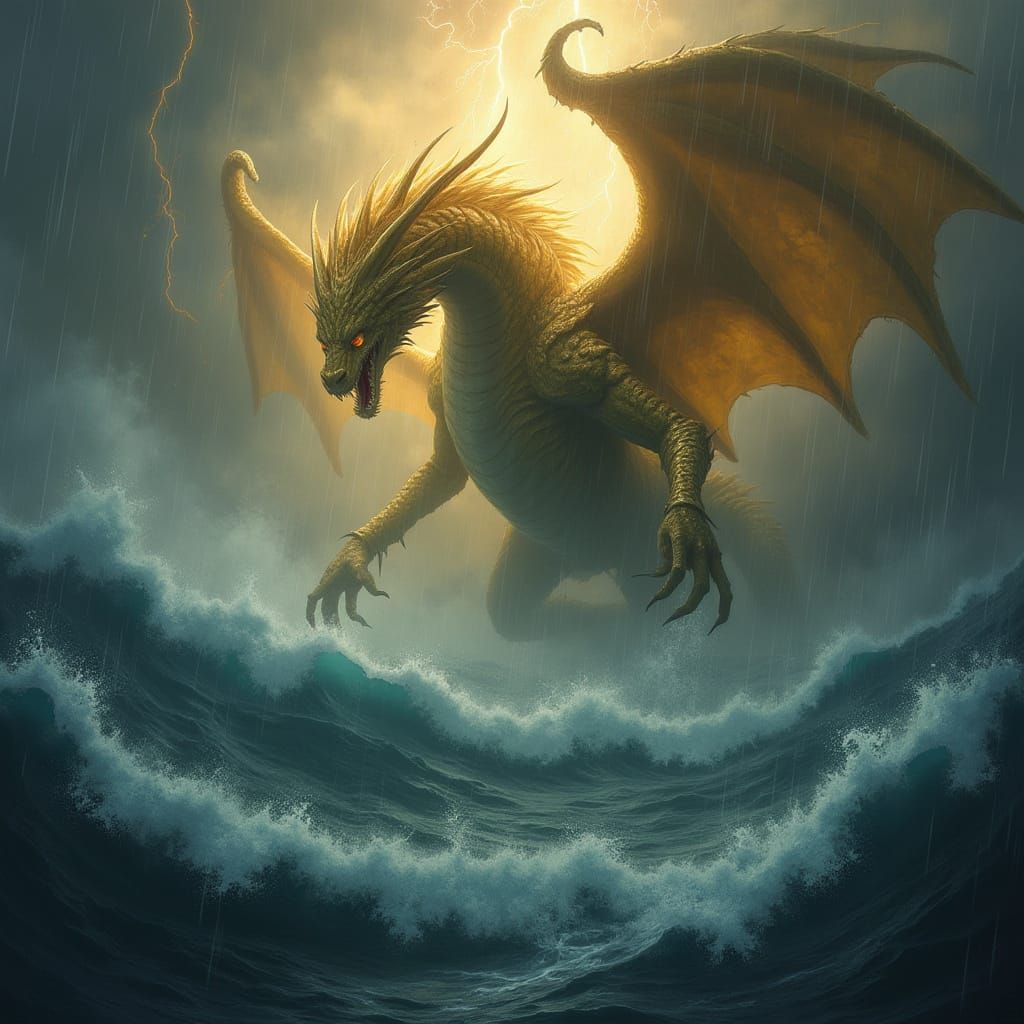 Golden Leviathan Rises from Raging Sea