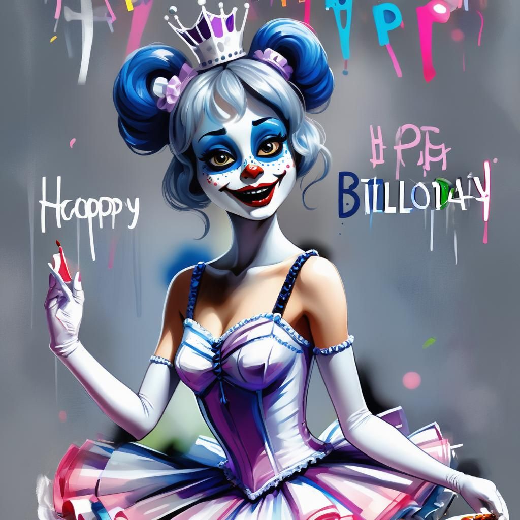 Human Ballora Holds Birthday Cake in Abstract Art