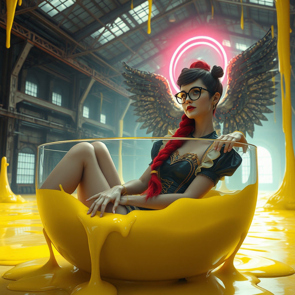 Redhead in Slime Tank: Cyberpunk Factory Scene