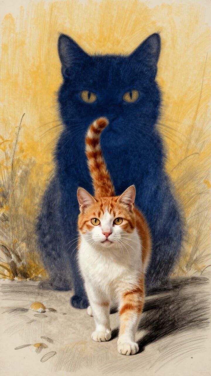 Ginger Cat Plays With Shadow in Chaotic Charcoal Drawing