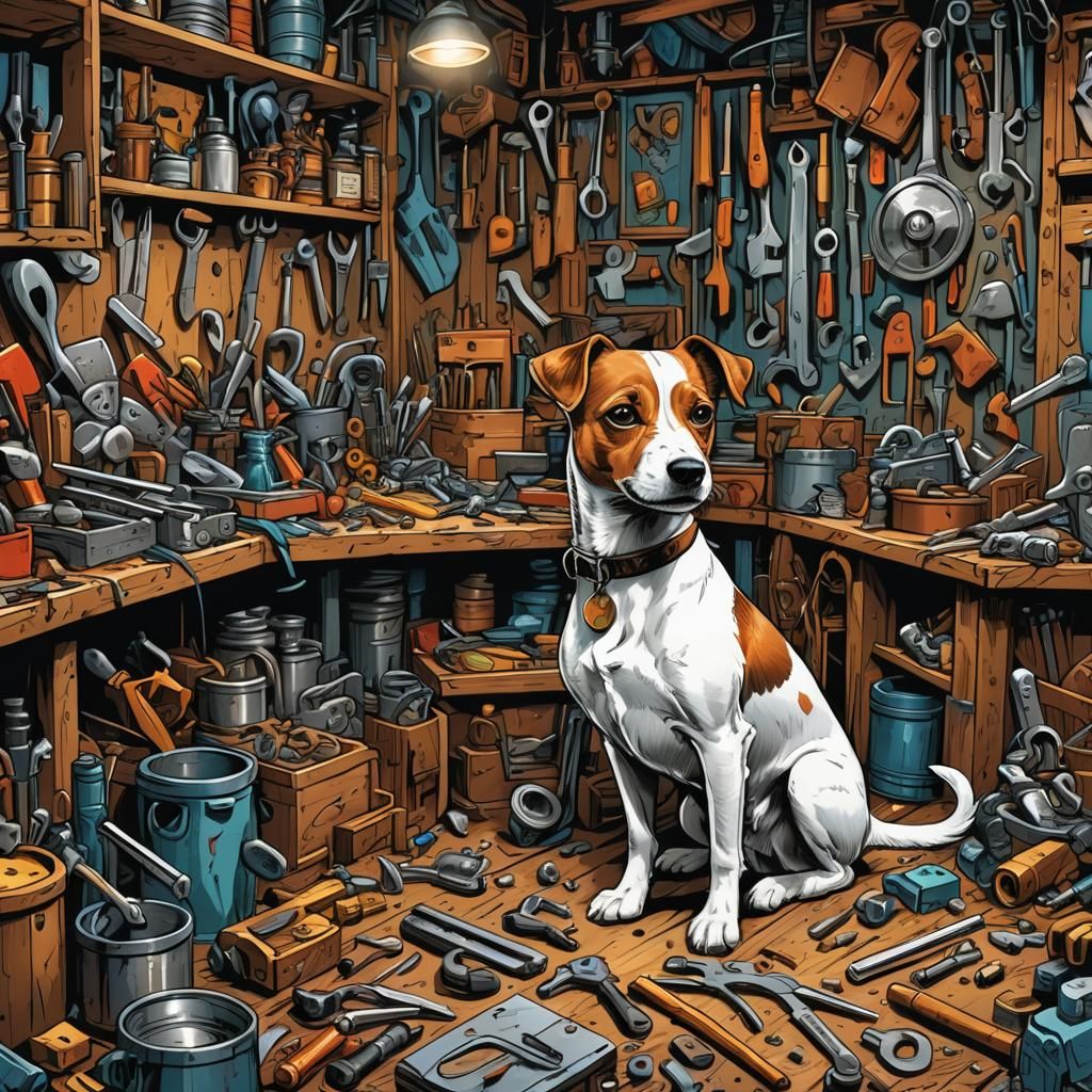Jack Russell in Workshop, Comic Book Style