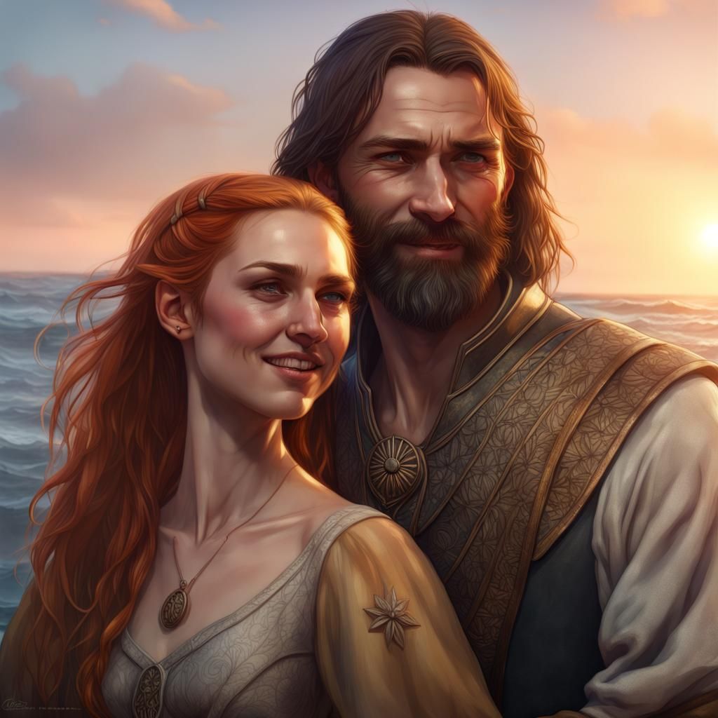 Romantic Sunset Date Portrait in Art Nouveau Style
