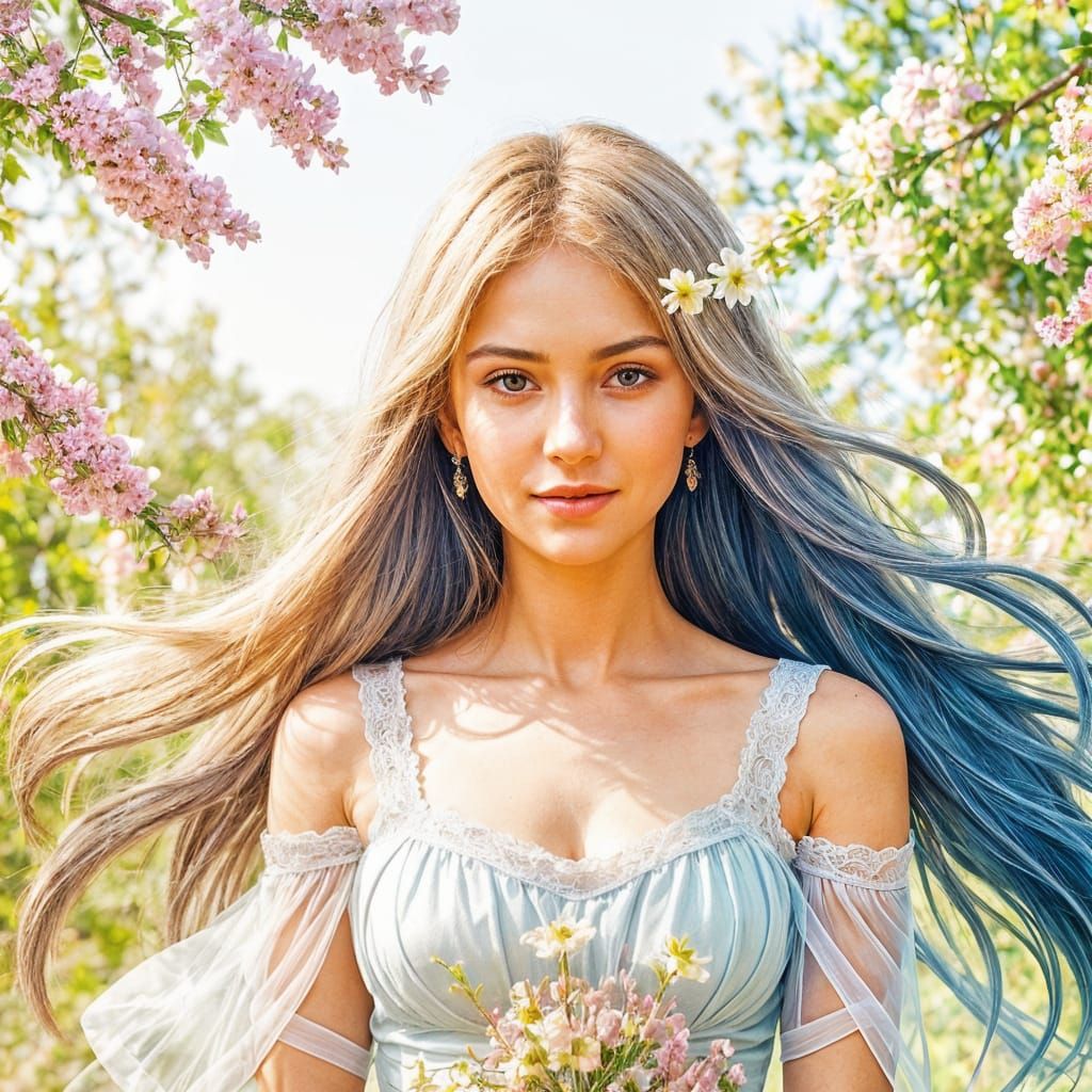 Charming Woman in Transparent Dress Among Flowers