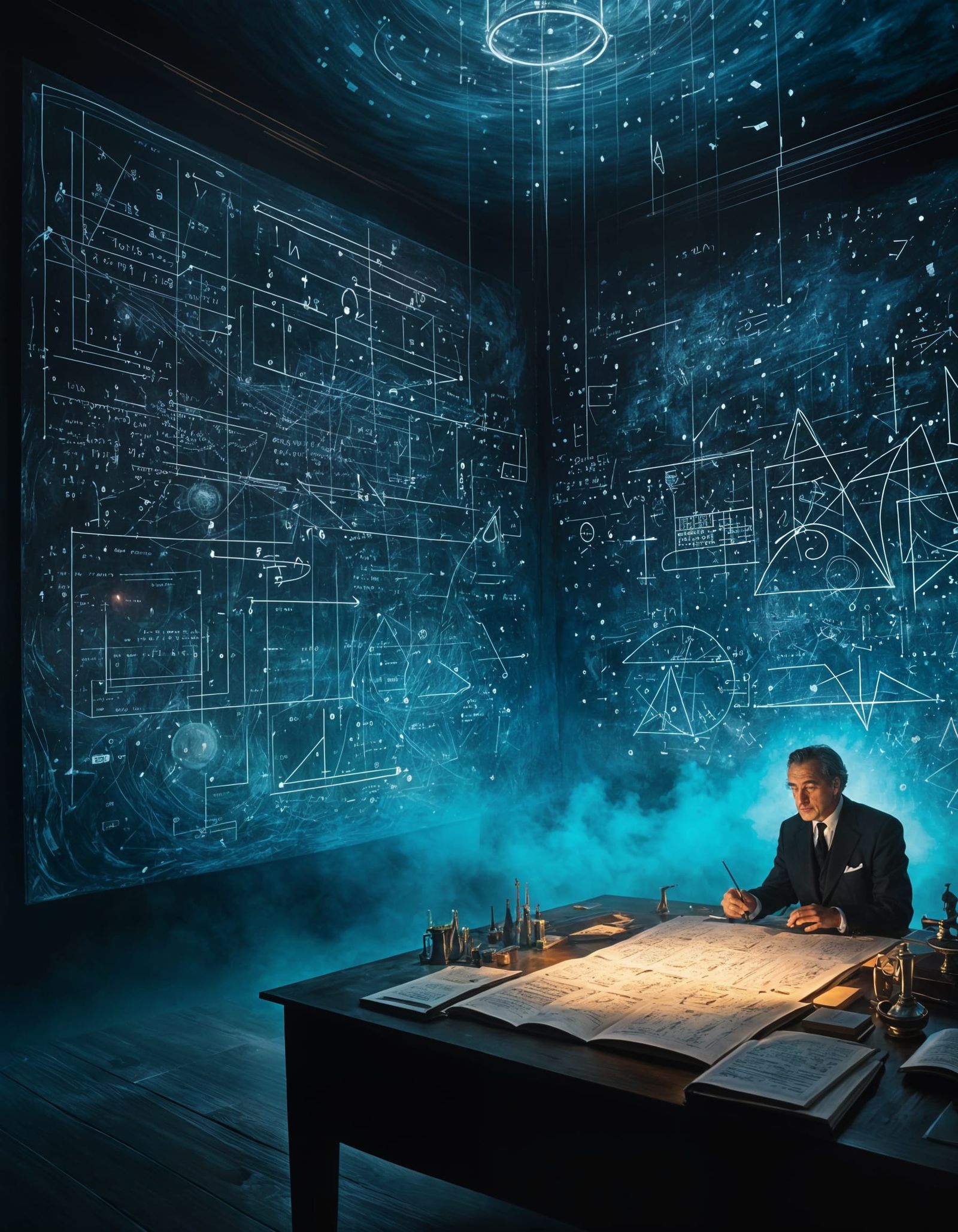 Surreal Person Surrounded by Floating Equations in Mist