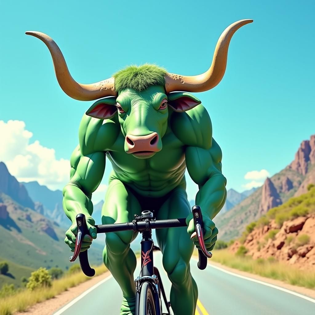 Metallic Bull Rides Bike in Dynamic Art Style