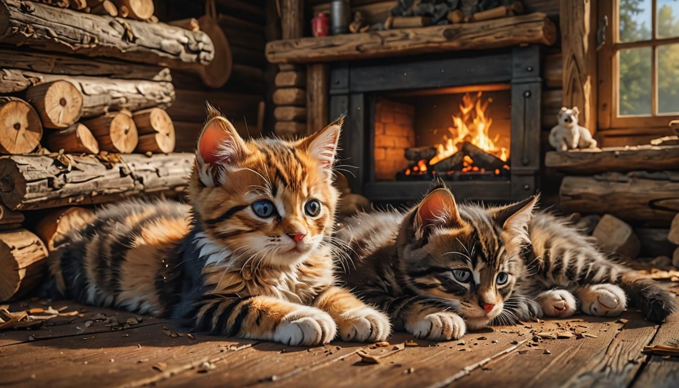Kitten and Puppy Napping in Log Cabin