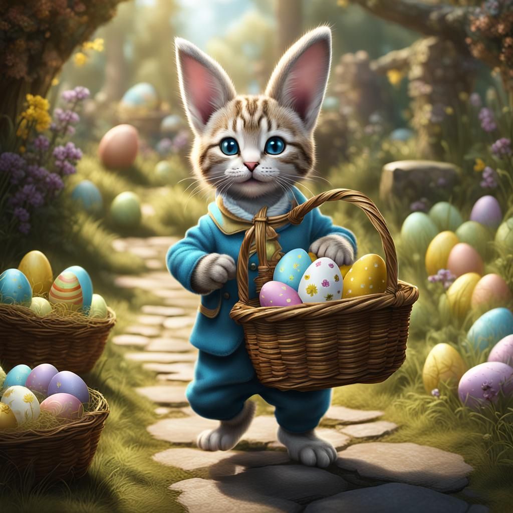 Tabby Kitten as Easter Bunny in Tenniel Style