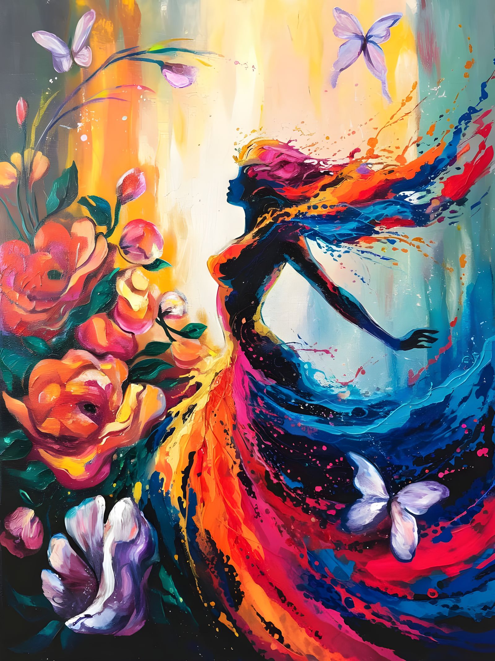 A vibrant, colorful, abstract splash painting of a beautiful...