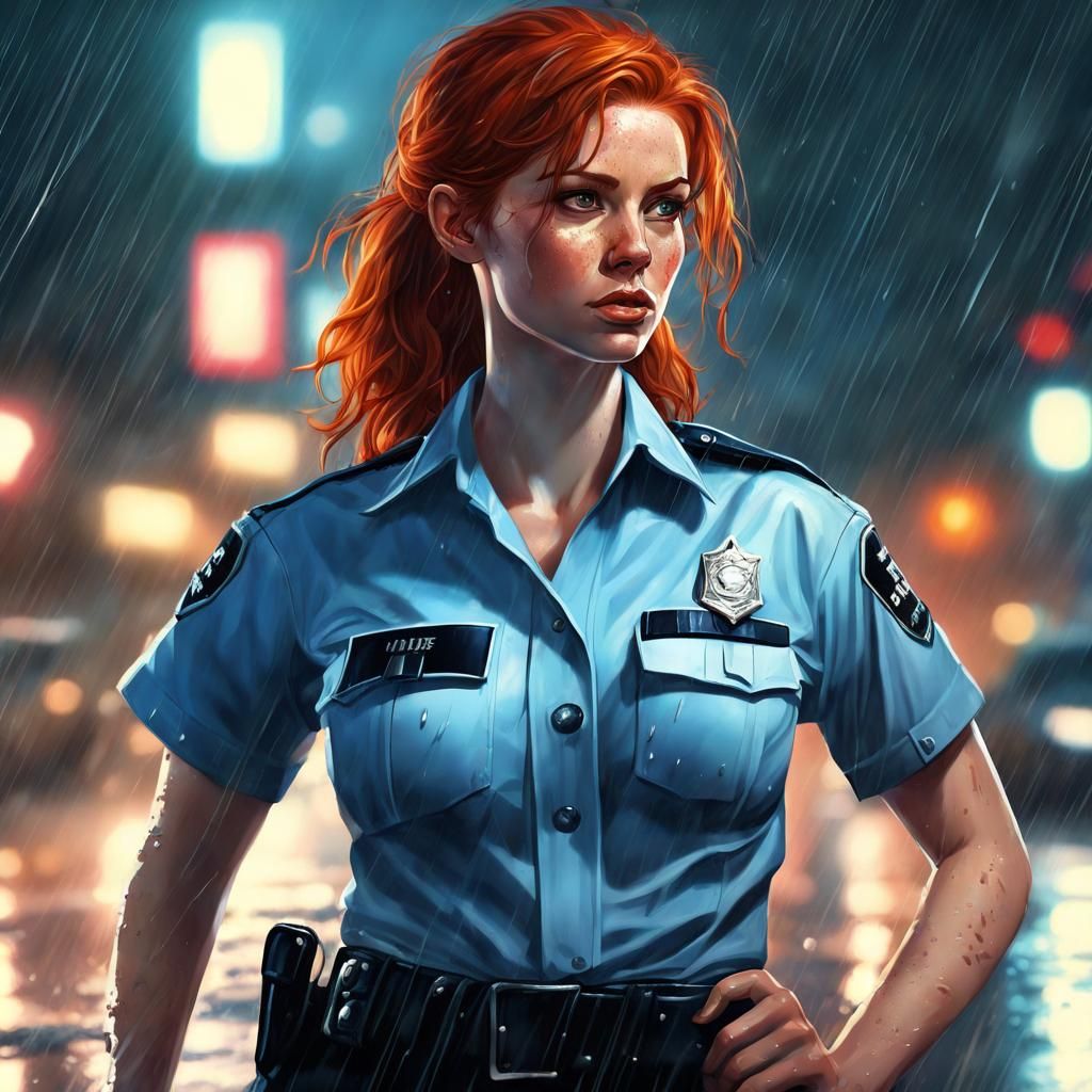 Redhead Policewoman in Wet Uniform at Night