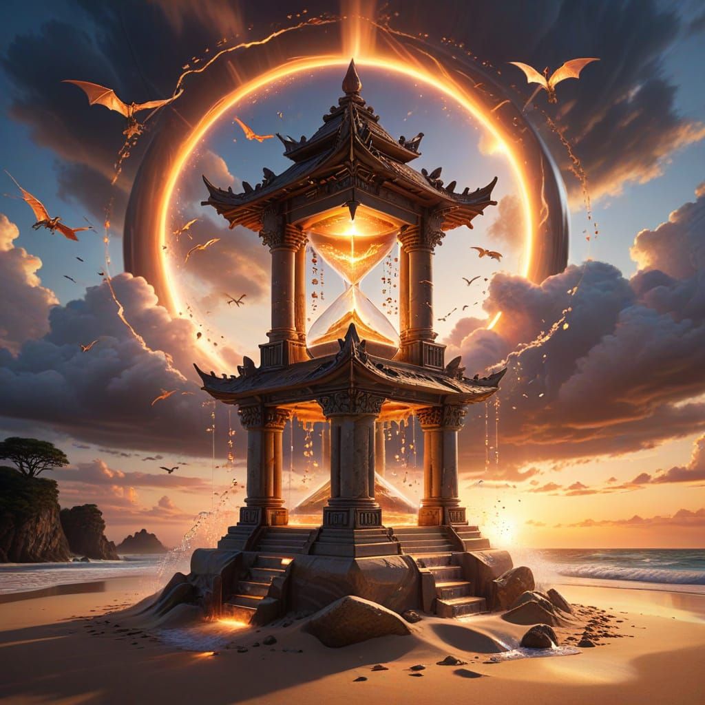 Enchanted Celestial Timepiece Amidst Dragon Flight