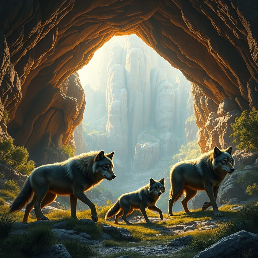 Dire Wolves in Ancient Cave Habitat, in Epic Cinematic Style