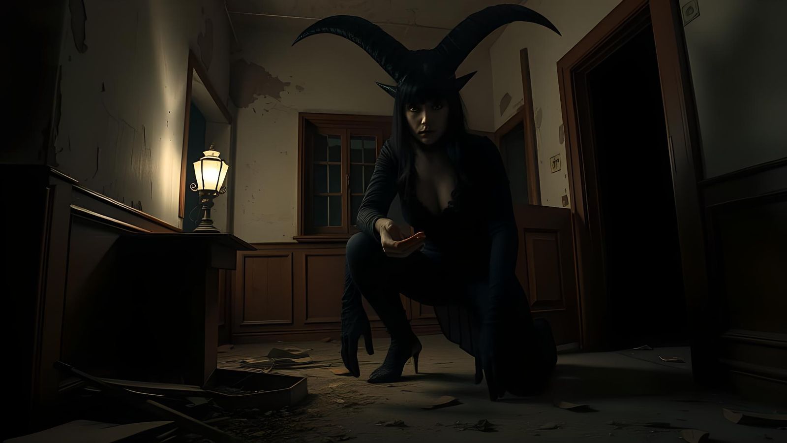 Goth Girl and Demon in Dark Room