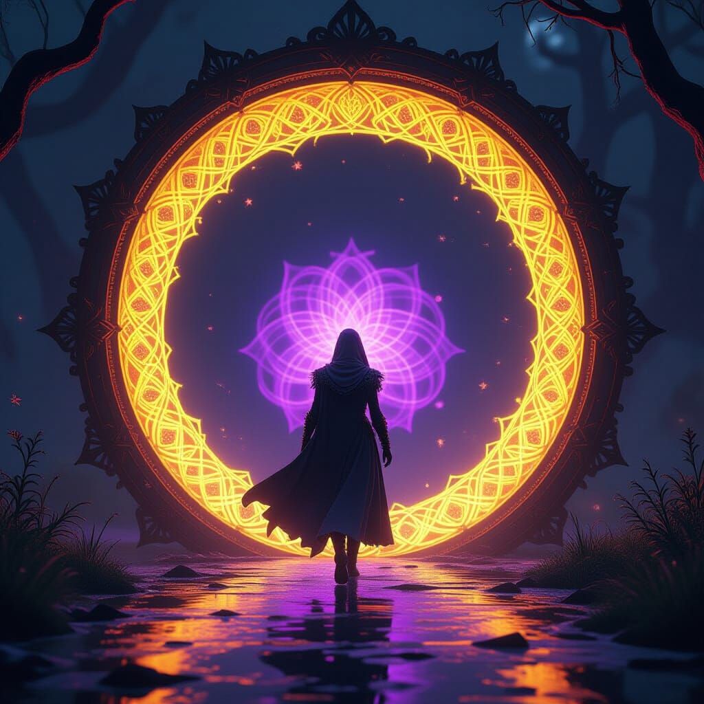 Figure Steps Through Ethereal Portal in Dark Fantasy Art