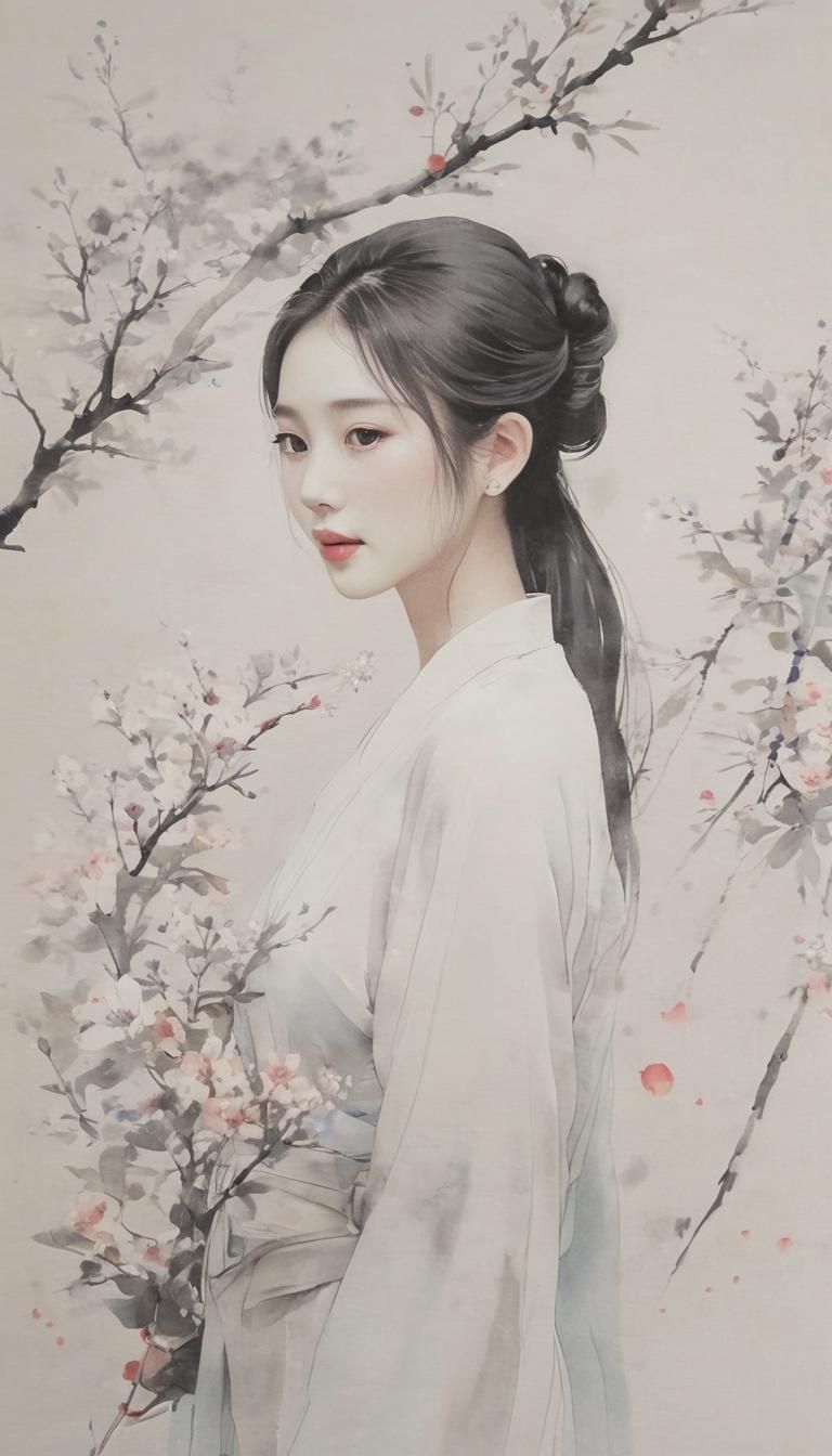 Minimalist Chinese Ink Painting of Girl in Hanfu