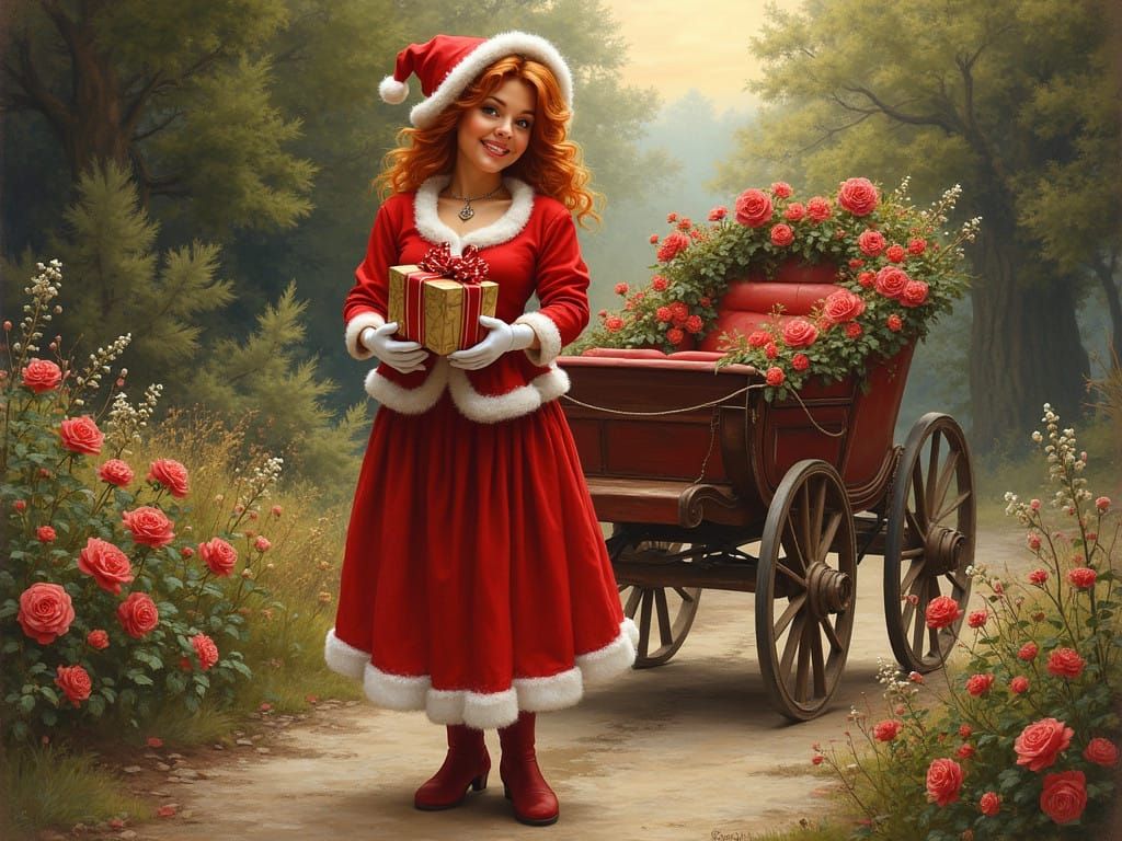 Warm Italian Lady in Red Santa Claus Outfit Amidst Lush Wild...