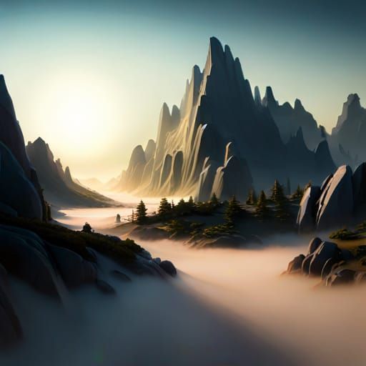 Misty Mountain Landscape with 3D Shading