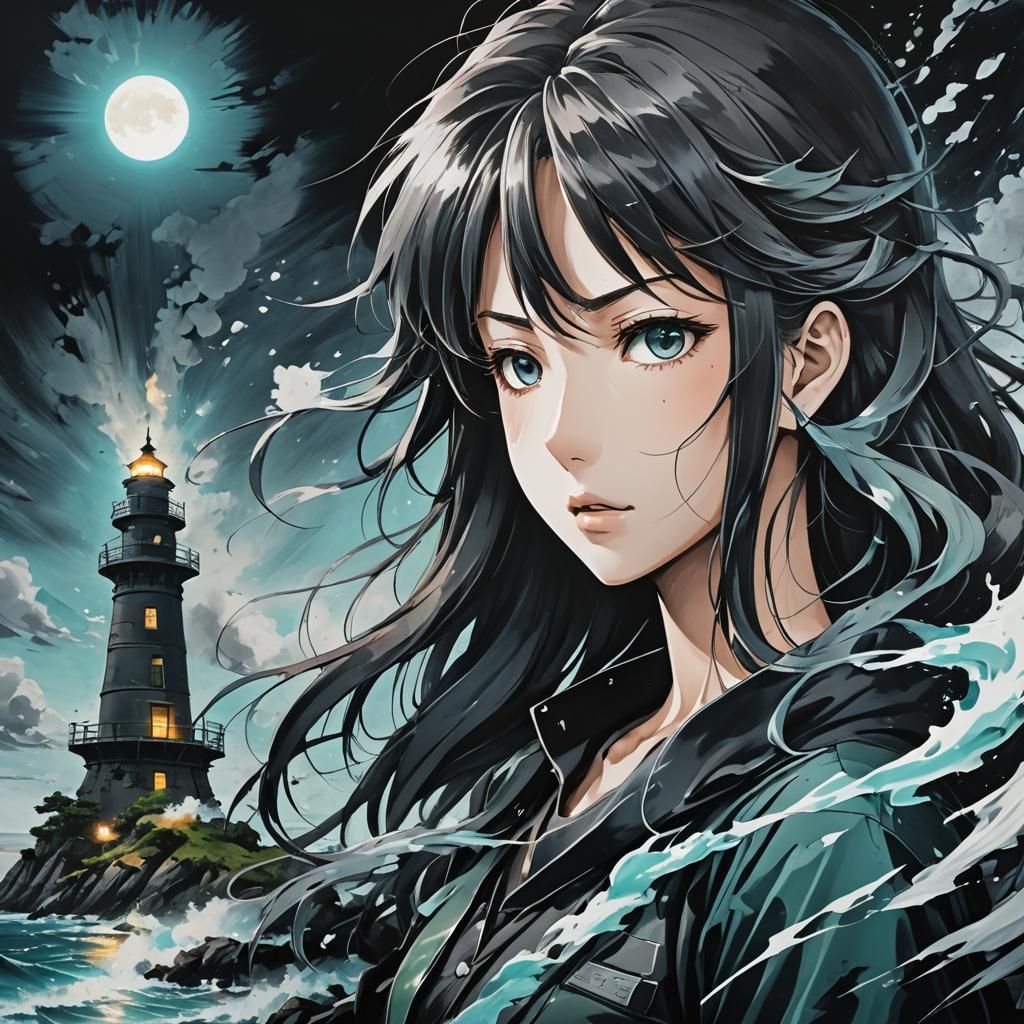 Anime Girl Portrait with Lighthouse in Grunge Style