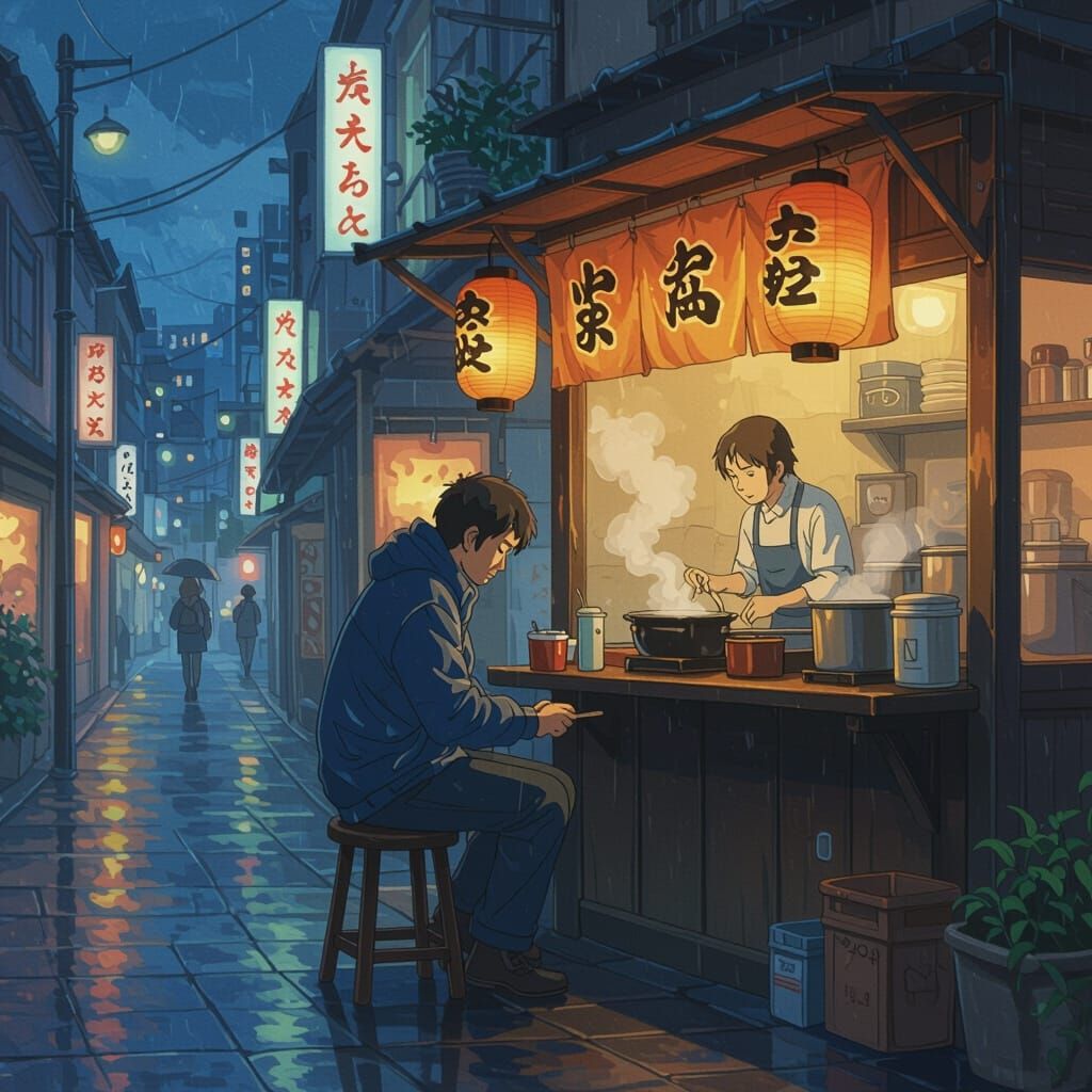 Cozy Ramen Stall at Night in Ghibli Style