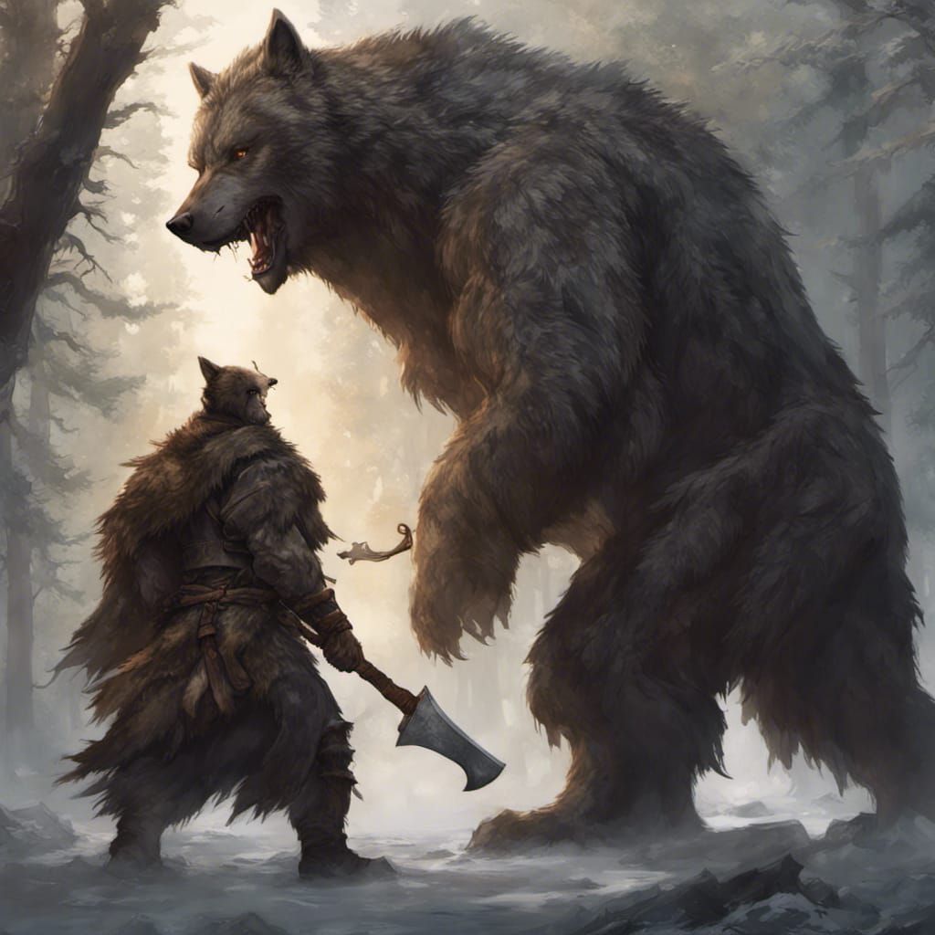 Druid Transforms to Bear with Axe: Dark Fantasy Art