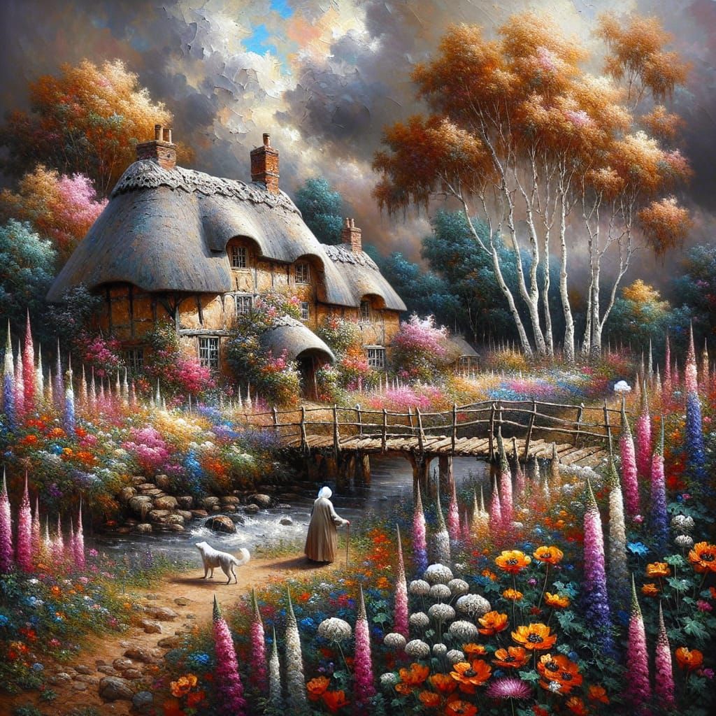 Rural Cottage Scene as Oil Painting