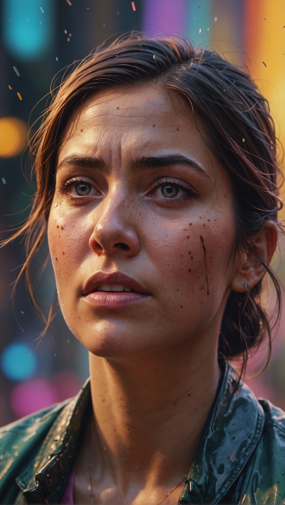 Distressed Woman Portrait in Hyperrealistic Splash Art